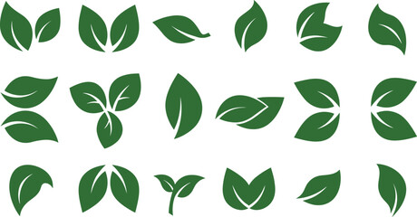 Green leaf icons, eco friendly foliage vector, natural botanical illustration, organic plant design, sustainable nature element, herbal decorative symbol, environmental graphic
