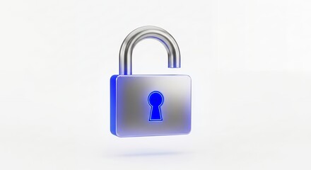 Fototapeta premium An open padlock with a metallic finish and glowing blue accents on a white background, concept for data protection, information security and access control