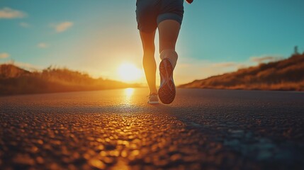 Close-up of a man running on road during sunset, with copy space, featuring legs and shoes of an athlete in sportswear training outdoors for fitness, health, and physical activity