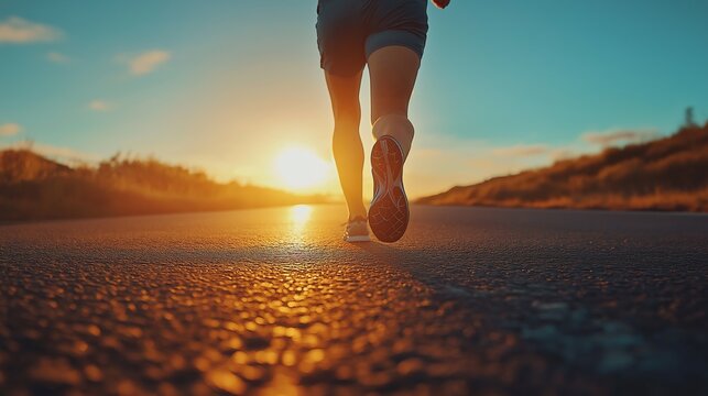 Close-up of a man running on road during sunset, with copy space, featuring legs and shoes of an athlete in sportswear training outdoors for fitness, health, and physical activity