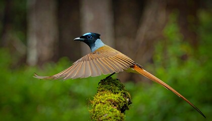 Bird in flight, perched on mossy log