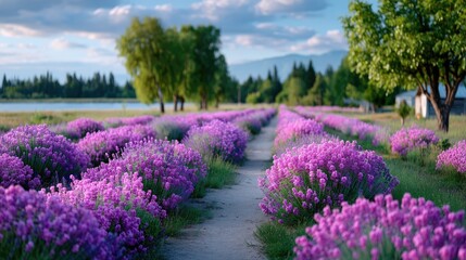 Rows of Blooming Lavender Field Under Cloudy Sky In Countryside