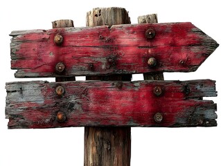 Weathered wooden sign with red paint and arrow shape indicates a direction isolated on white background.