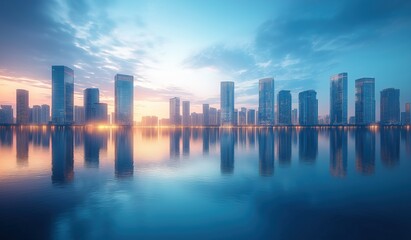 Panoramic view of a modern city skyline at sunrise with skyscrapers reflecting in calm river water, glowing city lights, symbolizing urban development, business, and finance