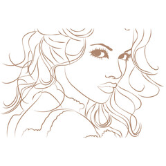 A line drawing of a woman's face and shoulders. She has long, wavy hair and is looking back over her shoulder with an alluring gaze.