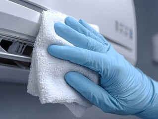 Fototapeta premium Blue gloved hand cleaning a white air conditioner unit with a white cleaning cloth in a home interior.