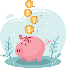 Pink Piggy Bank with Falling Gold Coins and Decorative Plants money savings