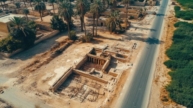 Aerial View of Ancient Ruins and Palm Trees Beside a Desert Road