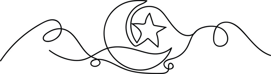 Single line drawing of a crescent moon and star on a white background night