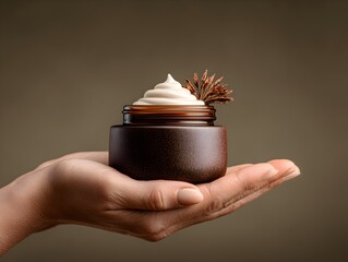 A person holds a luxurious brown jar of moisturizing cream with plant accent on a neutral colored background.