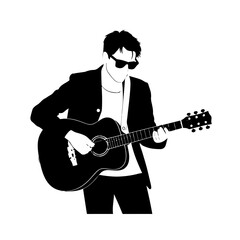 Obraz premium Black and white line art of a cool man playing guitar in casual outfit minimalist stylish illustration 