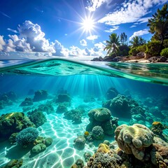 Tropical coral reef, sunlight, and turquoise water