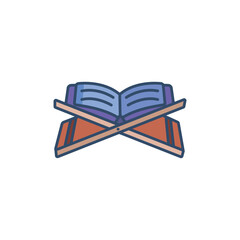 Open book on wooden stand bluepurple hues. Icon vector illustration