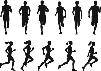 Silhouette illustration of running men and women, jogging athletes in motion, fitness activity, sport exercise vector design, marathon training artwork