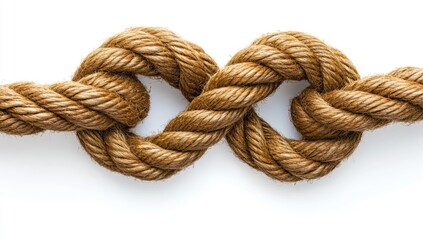 Intertwined Brown Rope Knot on White Background, Close-up Texture