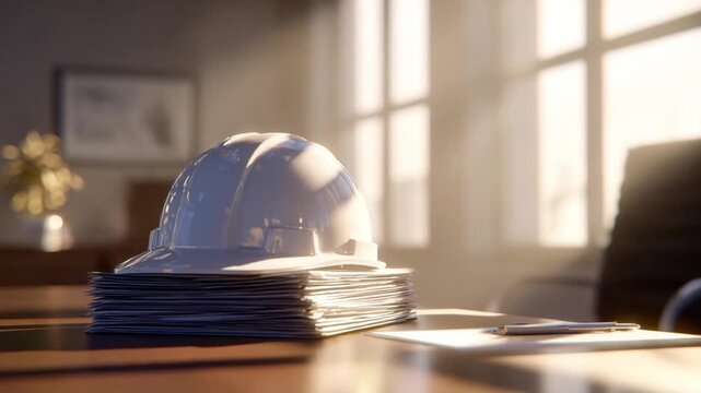 Safety in the Sunlight: A hard hat rests on a stack of documents on a wooden desk in a bright office, symbolizing construction, safety, and meticulous planning.