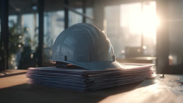 Blueprint in Sunlight: A pristine white hard hat rests atop a stack of project blueprints, symbolizing meticulous planning and construction against a backdrop of a modern architectural landscape.