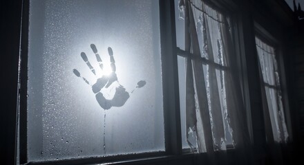 Fogged window features a handprint silhouette against a blurred bright light and tattered curtains