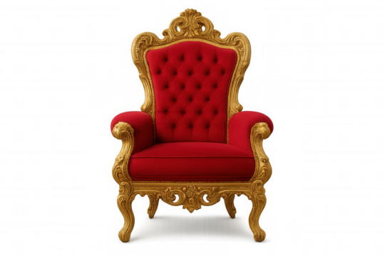 Red velvet royal throne with ornate gold frame, symbolizing power, luxury, and authority, on transparent background