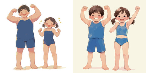 Obraz premium Two siblings show off their strength and happiness at the pool after their fitness journey. Their smiles and playful poses capture a moment of confidence and fun.