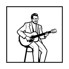 Black and white line art of a cool man playing guitar in casual outfit minimalist stylish illustration
