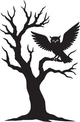 Mysterious vintage silhouette of a tree with an owl perched wings spread wide isolated on white background