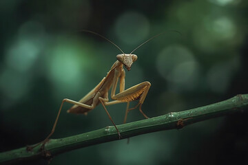 A praying mantis, a fascinating insect, stands alert on a slender green branch in its natural habitat, showcasing its unique posture and intricate details against a soft, blurred green background.