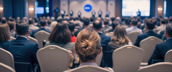 Round table discussion at business convention and Presentation. Audience at the conference hall. Business and entrepreneurship symposium