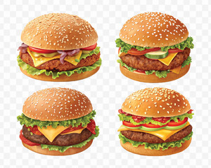 realistic tasty beef burger set in different style isolated on transparent background