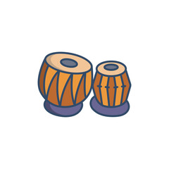 Two cartoon tabla drums with orange bodies brown lines and purple bases sit. Icon vector illustration