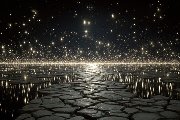 Starry night above cracked, reflective ground