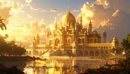 Fototapeta premium A majestic golden palace shimmers against a sunny sky, reflected in a serene lake. Lush greenery surrounds the imposing architecture