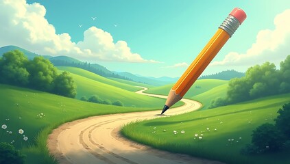 Conceptual image of an oversized pencil sketching a winding road across a green landscape, imaginative and inspiring visual metaphor.