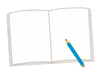 無地の見開きノートと鉛筆（勉強・学習・自由帳・教育素材）　Open Plain Notebook with Pencil (Study, Learning, Sketch, Education Material)