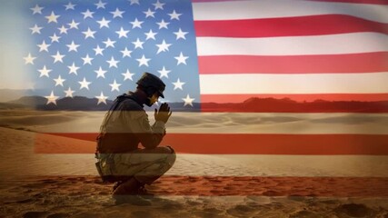 Praying Soldier in Desert with American Flag Overlay: Patriotism and Faith - Powered by Adobe