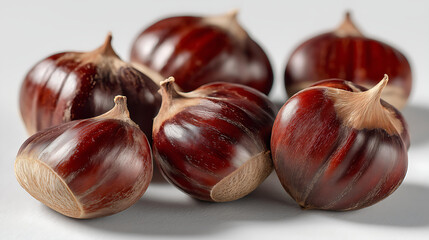 Obraz premium Macro Close-Up of Shiny Brown Autumn Organic Chestnuts: Woodland Harvest Nuts, Healthy Gourmet Snack, Ingredient or Dessert