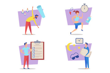 Collection of illustrations with various fitness and wellness activities. Stretching, running, organization, and relaxation techniques. Balanced lifestyle concept
