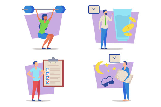 Four different activities related to health. Exercises, hydration, planning, and restful sleep. Healthy habits concept