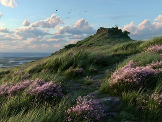 A scenic grassy hillside blooms with purple wildflowers under a cloudy sky overlooking the calm blue sea.