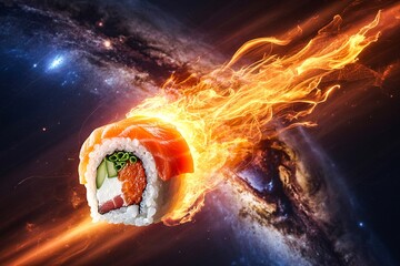Sushi roll comet flaming trail flying space stars galaxy nebula cosmic fantasy background