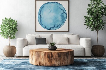 A modern living room featuring a stylish, wooden coffee table, a white couch, and a striking blue watercolor artwork.