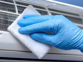 Hand in blue glove cleans the air conditioner grill with a white cloth in a close up detailed view.