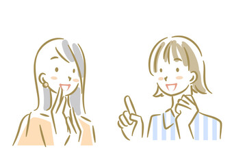 楽しくおしゃべりをするふたりの若い女性　ソフトなタッチのお洒落な線画イラスト