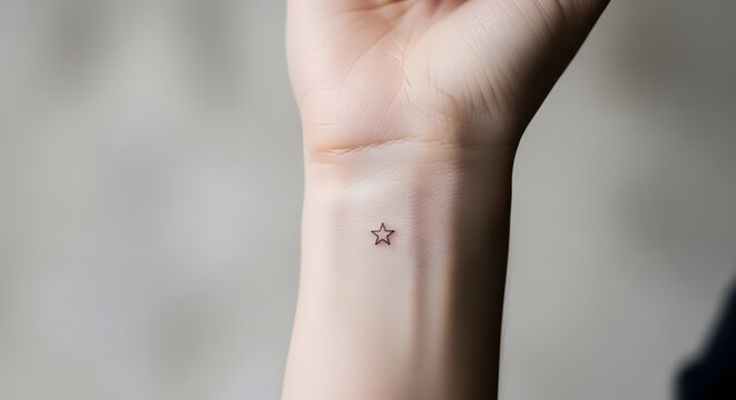 A close-up shot of a delicate, minimalist star outline tattoo on a person's inner wrist.