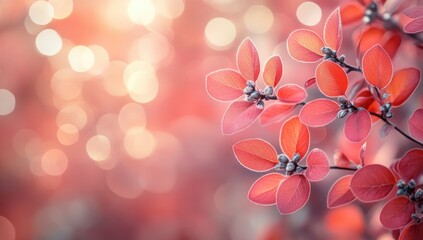 Frosted red leaves and buds on a branch with a beautiful pink and gold bokeh background.