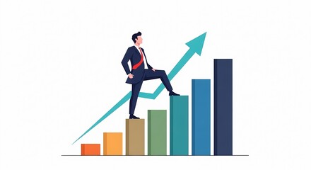 Business Growth and Success A Man Climbing a Bar Graph Symbolizing Career Advancement and Financial Gain