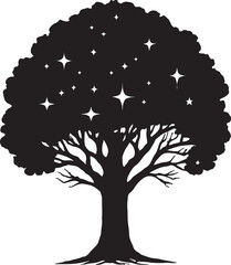 Silhouette of a majestic tree with a cosmic canopy filled with twinkling stars evoking a vintage celestial atmosphere isolated on white background