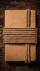 A rustic brown journal is tightly bound with natural rope against a weathered wooden background creating a nostaic and textural composition.