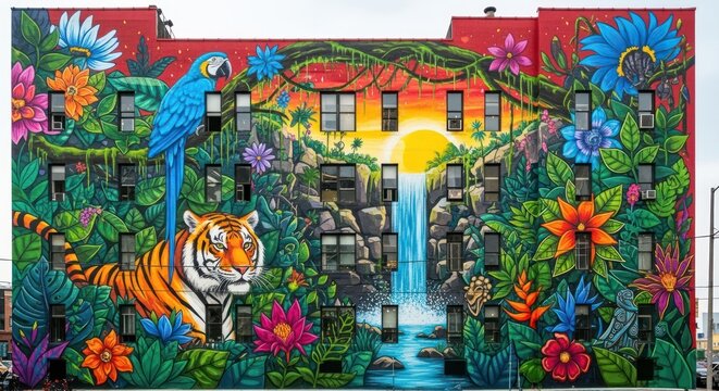 Vibrant Jungle Mural Adorning a City Building with a Tiger, Macaw, Waterfall, and Exotic Flowers Under a Bright Sunset Sky - Powered by Adobe