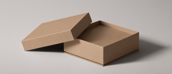 An open square cardboard box with a lid reveals its textured interior on a simple neutral surface casting a soft shadow.